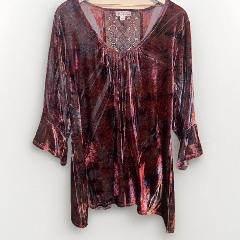 Velvet Whimsygoth Fairy Grunge Tunic Women’s Sz L Purple Lace Insert 3/4 Sleeve